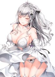 Rule 34 | 1girl, absurdres, ak-12 (girls&#039; frontline), bare shoulders, black ribbon, blush, braid, breasts, bridal veil, bride, cleavage, closed eyes, closed mouth, clothes lift, collarbone, commentary request, cowboy shot, dress, dress lift, elbow gloves, flower, french braid, garter belt, garter straps, gem, girls&#039; frontline, gloves, groin, hair flower, hair ornament, hair ribbon, highres, jewelry, large breasts, lifted by self, long hair, panties, ponytail, purple gemstone, ribbon, ribbon-trimmed panties, ring, sidelocks, silver hair, simple background, skindentation, smile, solo, strapless, strapless dress, thighhighs, thighs, tiara, underwear, veil, very long hair, wedding band, wedding dress, white background, white dress, white flower, white gloves, white panties, wide hips, zerocat