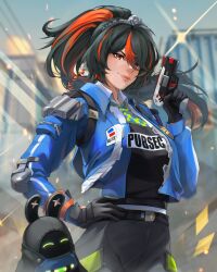 1girl bangboo_(zenless_zone_zero) belt black_belt black_gloves black_hair blue_jacket clothes_writing commission gloves grey_pants gun hand_on_own_hip handgun high-waist_pants highres holding holding_gun holding_weapon jacket long_hair long_sleeves looking_at_viewer multicolored_hair noush orange_hair pants ponytail revision sample_watermark securityboo_(zenless_zone_zero) shirt smile streaked_hair upper_body watermark weapon zenless_zone_zero zhu_yuan