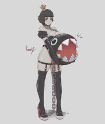 Rule 34 | 1girl, bare shoulders, black hair, blunt bangs, breasts, chain, chain chomp, chain leash, cleavage, collar, collarbone, crown, detached sleeves, dress, female focus, frown, full body, high heels, highres, holding, kumanz, large breasts, leash, looking at viewer, metal collar, nintendo, notice lines, o-ring, personification, princess chain chomp, puffy short sleeves, puffy sleeves, sharp teeth, shiny skin, short hair, short sleeves, simple background, skindentation, solo, super crown, teeth, thighhighs