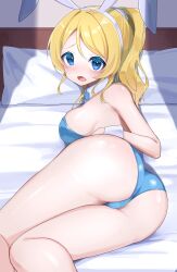 Rule 34 | 1girl, :o, animal ears, arm rest, ass, ass focus, ayase eli, bare arms, bare legs, bare shoulders, bed, blonde hair, blue bow, blue bowtie, blue eyes, blue leotard, blush, bow, bowtie, breasts, collar, colored eyelashes, detached collar, embarrassed, fake animal ears, feet out of frame, furrowed brow, hair ornament, hair scrunchie, highres, indoors, legs, legs together, leotard, looking at viewer, love live!, love live! school idol project, lying, medium breasts, medium hair, on bed, on side, open mouth, pillow, playboy bunny, ponytail, rabbit ears, scrunchie, shadow, sideboob, sidelocks, solo, sudou (s7 d8), swept bangs, tongue, white collar, white scrunchie, white wrist cuffs, wrist cuffs