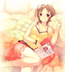 Rule 34 | 1girl, bad id, bad pixiv id, bare shoulders, bed, blush, bracelet, brown hair, camisole, chemise, cushion, jewelry, lying, magazine (object), original, pillow, red eyes, see-through, skirt, solo, takeda mika