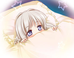 Rule 34 | 1girl, bed, blonde hair, blue eyes, blush, covering own mouth, frilled pillow, frills, kozue akari, kusugawa sasara, pillow, solo, star (symbol), to heart (series), to heart 2, under covers