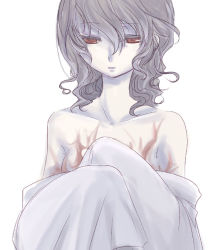 Rule 34 | 1girl, atlus, cruithne, curly hair, dress, grey hair, izanami (persona), looking away, motu, persona, persona 4, red eyes, simple background, solo, upper body, white background, white dress