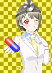 Rule 34 | 1girl, ;), ;p, absurdres, aqua shirt, artist name, artist request, blush, breasts, brown hair, cardigan, checkered background, cosplay, dr. mario, dr. mario (cosplay), female focus, gloves, grey hair, highres, holding, lab coat, light brown hair, long sleeves, looking at viewer, love live!, love live! nijigasaki high school idol club, mario, nakasu kasumi, necktie, nintendo, one eye closed, parted lips, pink eyes, pointing, pointing at self, purple eyes, shirt, short hair, smile, solo, tongue, tongue out, upper body, white cardigan, white gloves, white legwear, wink, yellow necktie