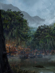 Rule 34 | absurdres, bird wings, boat, city lights, commentary, critical role, crocodile, crocodilian, day, dock, dungeons & dragons, dungeons &amp; dragons, english commentary, fog, forest, grass, grey sky, highres, idrawbagman, jungle, landscape, lily pad, mountain, nature, no humans, outdoors, partially submerged, plant, river, scenery, sky, tree, tropical, village, vines, water, watercraft, wings