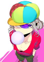 Rule 34 | 1girl, bad id, bad twitter id, breasts, blowing bubbles, chewing gum, cyclops, covered erect nipples, from above, green pants, hands in pockets, hat, looking at viewer, looking up, no bra, one-eyed, original, pants, purple eyes, red shirt, shirt, shoes, short hair, silver hair, small breasts, solo, solopipb, standing
