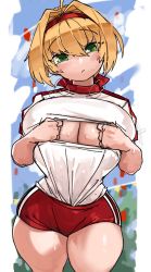 Rule 34 | 1girl, absurdres, ahoge, blonde hair, blush, breasts squeezed together, breasts, buruma, clothing cutout, day, fate/extra, fate/grand order, fate (series), green eyes, gym uniform, hair between eyes, hair intakes, head tilt, heavy breathing, highres, huge breasts, kupaa, looking at viewer, nero claudius (fate), nero claudius (fate) (all), nero claudius (fate/extra), outdoors, paizuri invitation, red buruma, shirt tucked in, short hair, solo, sports festival, standing, sweat, thick thighs, thighs, underboob cutout, zanamaoria