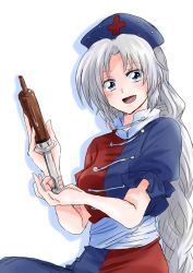 Rule 34 | 1girl, blue dress, blue eyes, braid, chocolate, commentary request, dress, hat, long hair, looking at viewer, multicolored clothes, multicolored dress, nurse cap, open mouth, red dress, short sleeves, silver hair, simple background, single braid, smile, solo, touhou, unya, very long hair, white background, yagokoro eirin