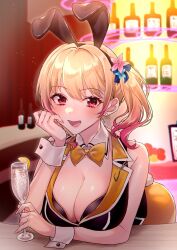 Rule 34 | 1girl, :d, akikuriii, animal ears, bar (place), blonde hair, blush, bow, bowtie, breasts, bunny garden, champagne flute, cleavage, commentary request, cup, detached collar, drink, drinking glass, earrings, fake animal ears, fake tail, flower, gradient hair, hair flower, hair ornament, holding, holding drink, jewelry, large breasts, leaning forward, leotard, long hair, multicolored hair, open mouth, pink hair, playboy bunny, rabbit ears, rabbit tail, red eyes, rin (bunny garden), side ponytail, smile, solo, tail, wrist cuffs, yellow bow, yellow bowtie