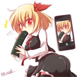 Rule 34 | 1girl, ^^^, alternate breast size, ass, bad id, bad pixiv id, black thighhighs, blonde hair, blush, breasts, cellphone, food, hair ribbon, kisaragi zwei, large breasts, long sleeves, looking at viewer, makizushi, phone, red eyes, ribbon, rumia, sexually suggestive, shirt, skirt, skirt set, solo, surprised, sushi, thighhighs, touhou, vest, zettai ryouiki