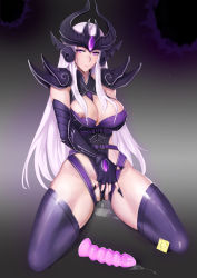 Rule 34 | 1girl, absurdres, breasts, condom, cum, dildo, facial, highres, laserflip, league of legends, nipple slip, nipples, pubic hair, pussy juice, pussy juice drip, pussy juice puddle, sex toy, spread legs, sweat, syndra, tagme, thighhighs, wedgie