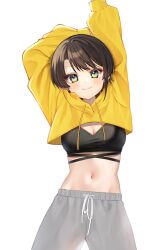 Rule 34 | 1girl, arm behind head, arms up, black hair, black sports bra, blush, closed mouth, commentary request, cropped jacket, green eyes, grey pants, highres, hololive, jacket, midriff, navel, oozora subaru, pants, parted bangs, short hair, shrug (clothing), simple background, smile, solo, sports bra, tomboy, toramaru (toramal9831), virtual youtuber, white background, yellow jacket