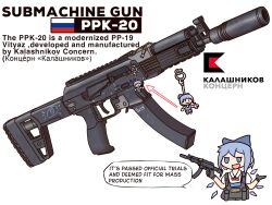 Rule 34 | 1girl, :3, :d, ammunition pouch, black gloves, blue bow, blue eyes, blue hair, bow, bowtie, bulletproof vest, character charm, character doll, charm (object), chibi, cirno, closed mouth, commentary, company name, cropped torso, cyrillic, english commentary, english text, folding stock, gloves, gun, hair bow, highres, holding, holding gun, holding weapon, jitome, light blue hair, load bearing vest, logo, open mouth, potatoez, pouch, pp-19-01 vityaz, puffy short sleeves, puffy sleeves, red bow, red bowtie, russian flag, russian text, scratches, shards, shirt, short hair, short sleeves, sidelocks, simple background, skirt, skirt set, smile, solo, speech bubble, submachine gun, suppressor, talking, touhou, translated, upper body, weapon, weapon focus, weapon name, white background, white shirt
