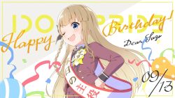 Rule 34 | 1girl, birthday, blonde hair, blue eyes, bow, bowtie, braid, character name, confetti, english text, framed, hair ornament, hair ribbon, hand on own hip, happy birthday, highres, idoly pride, jacket, long hair, looking at viewer, name tag, narumiya suzu, official art, one eye closed, open mouth, qp:flapper, ribbon, side braid, sidelocks, smile, standing, sweatdrop