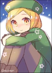 Rule 34 | 1girl, beret, blonde hair, brown gloves, brown pantyhose, closed mouth, fate/grand order, fate (series), gloves, green hat, hat, light particles, long sleeves, pantyhose, paul bunyan (fate), shina shina, short hair, sitting, smile, solo, star (symbol), twitter username, yellow eyes