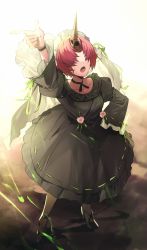 Rule 34 | 1girl, black dress, covered eyes, dress, facing viewer, fate/apocrypha, fate/grand order, fate (series), flower, frankenstein&#039;s monster (fate), frilled dress, frills, from above, full body, hair over eyes, hand on own hip, highres, horns, neck ribbon, no-kan, open mouth, pink hair, pointing, pointing up, ribbon, shoes, short hair, single horn, solo, sunlight