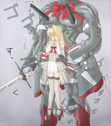 Rule 34 | 10s, 1girl, armor, bare shoulders, blonde hair, blush, bow, commentary request, corset, covering face, crown, dress, flail, full-face blush, full body, greatsword, jack (slaintheva), jewelry, kantai collection, kneehighs, long hair, long sleeves, mini crown, muscular, neck ribbon, off-shoulder dress, off shoulder, red bow, ribbon, short dress, socks, stand (jojo), sword, thighhighs, warspite (kancolle), weapon, white socks, zettai ryouiki