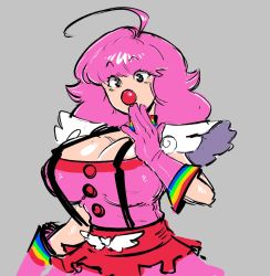 Rule 34 | 1girl, ace attorney, black eyes, breasts, cleavage cutout, clothing cutout, clown girl, clown nose, covering own mouth, female focus, geiru toneido, gloves, hand over own mouth, highres, large breasts, looking at viewer, mature female, miniskirt, multicolored clothes, pink hair, skirt, solo, surprised, suspenders