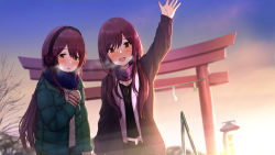 Rule 34 | 2girls, :d, arm up, black shirt, blue scarf, blurry, blurry background, blush, breath, brown eyes, brown hair, brown jacket, commentary request, depth of field, down jacket, earmuffs, fringe trim, gloves, green jacket, grey gloves, hair between eyes, highres, idolmaster, idolmaster shiny colors, jacket, long hair, long sleeves, looking at viewer, multiple girls, open clothes, open jacket, open mouth, osaki amana, osaki tenka, outdoors, railing, scarf, shirt, siblings, sisters, smile, suzuki puramo, torii, twins, upper body, very long hair, white jacket