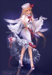 Rule 34 | 1girl, bag, blonde hair, blue eyes, bow, capelet, dress, embellished costume, female focus, gloves, handbag, hat, hat ribbon, high heels, lily white, long hair, aged up, reflection, reflective floor, ribbon, sash, sheryth, shoes, solo, touhou, very long hair, white dress, white gloves