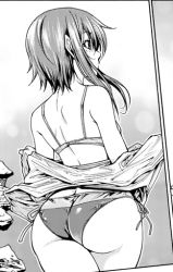 Rule 34 | 1girl, ass, bikini, butt crack, clothes pull, grand blue, huge ass, jacket, jacket pull, kotegawa chisa, monochrome, official art, solo, swimsuit, thick thighs, thighs