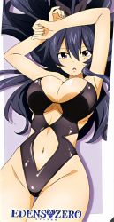 Rule 34 | 1girl, armpits, arms up, black one-piece swimsuit, black ribbon, blue hair, breasts, center opening, cleavage, clothing cutout, eden&#039;s zero, groin, hair between eyes, hair ribbon, highleg, highleg swimsuit, highres, homura kogetsu, large breasts, long hair, looking at viewer, mole, mole under eye, navel, navel cutout, official art, one-piece swimsuit, ribbon, solo, stomach, swimsuit, thigh gap, thighs, underboob