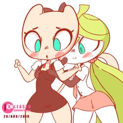 Rule 34 | 2girls, animated, animated gif, artist name, assisted exposure, black dress, blue eyes, blush, breasts, cat tail, clothes pull, cowboy shot, creatures (company), dated, detached sleeves, diives, dress, dress pull, embarrassed, english text, female focus, flat chest, furry, furry female, game freak, gen 1 pokemon, gen 5 pokemon, green hair, hair ornament, hair tie, hands up, highres, legendary pokemon, long hair, looking away, looking down, looking to the side, meloetta, mew (pokemon), multiple girls, mythical pokemon, necktie, nintendo, nipples, no bra, nose blush, open mouth, patreon logo, patreon username, pink neckwear, pink skirt, pokemon, pokemon (creature), ponytail, red ribbon, ribbon, school uniform, shirt, short sleeves, simple background, skirt, sleeveless, sleeveless dress, smile, standing, tail, talking, teeth, text focus, underwear, uniform, watermark, white background, white shirt