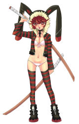 Rule 34 | bikini, bokken, nagy, solo, striped clothes, striped thighhighs, swimsuit, sword, thighhighs, weapon, wooden sword