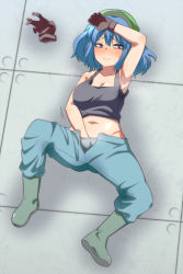 Rule 34 | 1girl, arm up, black tank top, blue eyes, blue hair, blue panties, blue pants, blush, boots, breasts, brown gloves, cleavage, commentary request, flat cap, full body, gloves, green footwear, green hat, hand in panties, hat, highres, jeno, kawashiro nitori, looking to the side, lying, medium breasts, medium hair, on back, on floor, open fly, open mouth, panties, pants, rubber boots, solo, tank top, textless version, touhou, underwear, unworn gloves