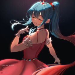 Rule 34 | 1girl, ananna art, aqua hair, artist name, bare shoulders, black background, choker, closed eyes, commentary, crown, dress, english commentary, frilled choker, frills, from behind, gloves, hair ribbon, high ponytail, highres, long hair, original, red choker, red dress, red ribbon, ribbon, sidelocks, solo, spaghetti strap, standing, white gloves