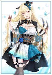 Rule 34 | 1girl, absurdres, animal ears, animal print, black bow, black bowtie, black cape, blonde hair, blue butterfly, blue flower, blue gemstone, blue rose, blush, border, bow, bowtie, breasts, bubble, bug, butterfly, butterfly print, cape, cat ears, cat girl, cat tail, chest harness, choker, cleavage, crossed bangs, detached sleeves, dress, facial mark, fangs, floral print, flower, garter straps, gem, gloves, grey thighhighs, hair between eyes, harness, hat, heart, heart facial mark, highres, insect, japanese clothes, jewelry, kimono, kimono skirt, lace, lace gloves, large breasts, leaf print, long hair, luis cammy, mini hat, mole, mole under mouth, multiple tails, nijisanji, obi, pendant, pom pom (clothes), red eyes, rose, rose print, sash, skindentation, sleeveless, smile, solo, standing, tail, tail strap, tena (tena 0711), thighhighs, top hat, torn clothes, torn thighhighs, very long hair, virtual youtuber, white background, white choker, white dress