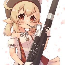 Rule 34 | 1girl, ahoge, bassoon, commentary request, detached sleeves, falling petals, genshin impact, gloves, hair between eyes, hat, highres, holding, holding instrument, instrument, klee (genshin concert) (genshin impact), klee (genshin impact), light brown hair, long hair, looking at viewer, low twintails, music, nami harakamiaka, official alternate costume, orange eyes, petals, playing instrument, pointy ears, short sleeves, sidelocks, simple background, solo, twintails, white background, white gloves