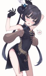 Rule 34 | 1boy, 1girl, black dress, black eyes, black gloves, black hair, blue archive, blush, breasts, bug, butterfly, china dress, chinese clothes, dress, flower, gloves, grabbing, grabbing another&#039;s breast, grabbing from behind, groping, hair flower, hair ornament, halo, highres, insect, kisaki (blue archive), long hair, ripnte, simple background, sleeveless, small breasts, sweat, thighs, white background