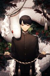 Rule 34 | 1boy, animal, bad id, bad twitter id, berry, black hair, black jacket, buttons, chinikuniku, closed mouth, commentary, cowboy shot, gakuran, giant snake, holding, holding rope, jacket, long sleeves, looking at viewer, male focus, original, outdoors, oversized animal, red eyes, rope, school uniform, short hair, smile, snake, solo, symbol-only commentary, weapon