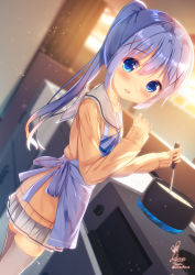 Rule 34 | 1girl, apron, artist name, blue apron, blue eyes, blue hair, blurry, blurry background, blush, cardigan, chinomaron, cooking, dutch angle, gochuumon wa usagi desu ka?, hair between eyes, hair ornament, highres, holding, holding ladle, indoors, kafuu chino, ladle, long hair, long sleeves, looking at viewer, open mouth, pleated skirt, ponytail, sailor collar, signature, skirt, smile, solo, stove, thighhighs, twitter username, white sailor collar, white skirt, white thighhighs, x hair ornament, yellow cardigan