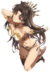 Rule 34 | 1girl, arm behind back, bare shoulders, black panties, black ribbon, breasts, brown hair, commentary, earrings, fate/grand order, fate (series), full body, hair ribbon, hand in own hair, highres, hoop earrings, ishtar (fate), jewelry, long hair, medium breasts, nasubin (nasubisamurai15), navel, panties, parted bangs, red eyes, revealing clothes, ribbon, shiny skin, single thighhigh, solo, thighhighs, thong, twintails, two side up, underwear, very long hair, wide hips