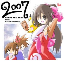 Rule 34 | 1girl, 2007, 2boys, archived source, bow, brown eyes, brown hair, creatures (company), dot nose, game freak, gary oak, gen 1 pokemon, gen 2 pokemon, hagoita, hair between eyes, hair bow, hanetsuki, happy new year, heart, holding, holding paddle, japanese clothes, kimono, leaf (pokemon), long hair, long sleeves, looking at viewer, multiple boys, new year, nintendo, on shoulder, paddle, pikachu, pink bow, pokemon, pokemon (creature), pokemon frlg, pokemon on shoulder, rascal (feuille), red (pokemon), red kimono, sweatdrop, swinub, wide sleeves