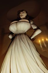 Rule 34 | 1girl, alcina dimitrescu, breasts, brown hair, bursting breasts, devilhs, dress, earrings, gigantic breasts, hands on own hips, hat, highres, jewelry, long hair, looking at viewer, looking down, resident evil, resident evil village, signature, solo, white dress