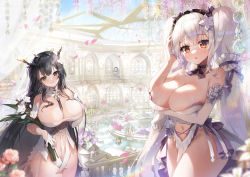 Rule 34 | 3girls, alternate costume, antlers, apple caramel, arm under breasts, azur lane, babydoll, bare shoulders, breast hold, breasts, choker, cleavage, closed mouth, cowboy shot, crystal, curtains, elbow gloves, falling petals, flower, formidable (azur lane), formidable (timeless classics) (azur lane), fountain, frilled choker, frilled hairband, frills, glass ceiling, gloves, hair flower, hair ornament, hairband, half gloves, highres, holding, holding flower, horns, illustrious (azur lane), indomitable (azur lane), indoors, large breasts, long hair, maid headdress, manjuu (azur lane), multiple girls, navel, necktie, no panties, palace, parted lips, petals, pink flower, purple flower, red eyes, revealing clothes, scenery, see-through, smile, sparkle, thighs, twintails, white choker, white flower, white gloves, white hair