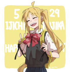 Rule 34 | 1girl, ahoge, blonde hair, bocchi the rock!, bow, bowtie, bracelet, character name, closed eyes, collared shirt, commentary request, facing viewer, grey vest, happy birthday, ijichi nijika, jewelry, long hair, open mouth, pleated skirt, red bow, red bowtie, ree (re-19), shirt, side ponytail, sidelocks, skirt, smile, solo, standing, sweater vest, teeth, upper teeth only, v, very long hair, vest, white shirt