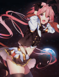 Rule 34 | 1boy, animal ears, arms up, ass, astolfo (fate), astolfo (saber) (fate), black bow, black bowtie, black gloves, black skirt, black thighhighs, blush, bow, bowtie, detached sleeves, fake animal ears, fang, fate/grand order, fate (series), gen (gen03010818), gloves, hair between eyes, hair intakes, highres, long hair, long sleeves, looking at viewer, low twintails, male focus, miniskirt, multicolored hair, navel, open mouth, pink hair, pleated skirt, purple eyes, rabbit ears, rabbit pose, skin fang, skindentation, skirt, smile, solo, streaked hair, thighhighs, trap, twintails, two-tone hair, very long hair, white hair