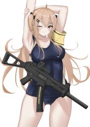 Rule 34 | 1girl, absurdres, arms behind head, blue one-piece swimsuit, blush, breasts, brown eyes, closed mouth, collarbone, covered navel, girls&#039; frontline, gun, h&amp;k ump, highres, light brown hair, long hair, looking at viewer, medium breasts, one-piece swimsuit, one eye closed, rynn (rynn cube), school swimsuit, solo, standing, submachine gun, swimsuit, twintails, ump9 (girls&#039; frontline), weapon, white background