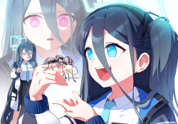 Rule 34 | &lt;key&gt; (blue archive), 2girls, aqua halo, aqua necktie, aris (blue archive), black hair, black skirt, blue archive, blue eyes, collared shirt, commentary request, food, green halo, hair between eyes, halo, hand up, highres, holding, incoming food, jacket, long bangs, long hair, long sleeves, multiple girls, multiple views, nasan (coldtime), necktie, open clothes, open jacket, open mouth, pleated skirt, purple eyes, rectangular halo, ringed eyes, shirt, shirt tucked in, side ponytail, skirt, smile, standing, sushi, sweat, teeth, upper teeth only, very long hair, white jacket, white shirt