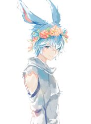 Rule 34 | 1boy, absurdres, animal ears, blue hair, closed mouth, final fantasy, final fantasy xiv, from side, grey shirt, head wreath, highres, long sleeves, looking at viewer, looking to the side, lumeru 33, male focus, rabbit ears, shirt, simple background, sketch, smile, solo, viera, warrior of light (ff14), white background