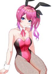 Rule 34 | 1girl, absurdres, animal ears, bare shoulders, black leotard, blue eyes, blush, bow, bowtie, breasts, cleavage, detached collar, fake animal ears, fishnet pantyhose, fishnets, gradient hair, hair ornament, hair ribbon, hairclip, highleg, highleg leotard, highres, invisible chair, kuramochi meruto, leotard, long hair, looking at viewer, medium breasts, multicolored hair, nijisanji, oriber00, pantyhose, pink bow, pink bowtie, pink hair, pink leotard, playboy bunny, purple hair, rabbit ears, ribbon, side-tie leotard, side ponytail, sitting, smile, solo, strapless, strapless leotard, transparent background, two-tone leotard, v-shaped eyebrows, virtual youtuber, wrist cuffs