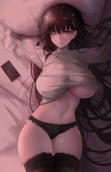 Rule 34 | 1girl, absurdres, black hair, black panties, black thighhighs, blue archive, breasts, cellphone, closed mouth, clothes lift, highres, large breasts, long hair, lying, navel, on back, one eye closed, panties, phone, pillow, red eyes, rio (blue archive), shirt lift, smartphone, solo, stomach, sweater, thighhighs, turbulence, turtleneck, turtleneck sweater, underwear, very long hair