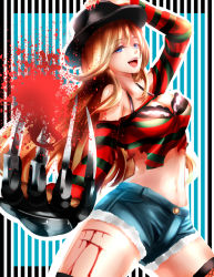Rule 34 | 1girl, :d, a nightmare on elm street, bare shoulders, black bra, blonde hair, blood, blood splatter, blue eyes, bra, claws, crop top, freddy krueger, gender request, genderswap, genderswap (mtf), hat, injury, long hair, looking at viewer, nagare, nail polish, navel, open mouth, red nails, shirt, short shorts, shorts, smile, solo, striped background, striped clothes, striped shirt, thighhighs, underwear