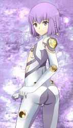Rule 34 | 1girl, ar tonelico, ar tonelico iii, ass, bad id, bad pixiv id, bodysuit, braid, female focus, flat chest, from behind, gust, hair ornament, looking back, nes (sigma), purple eyes, purple hair, short hair, skin tight, smile, solo, tilia (ar tonelico), twin braids