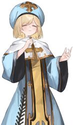 Rule 34 | 1girl, absurdres, alternate costume, blonde hair, blue dress, blue headwear, blush, closed eyes, closed mouth, commentary request, djeeta (granblue fantasy), dress, facing viewer, feet out of frame, granblue fantasy, hands up, highres, long sleeves, priest (granblue fantasy), shiro wa (shiroshironix), short hair, simple background, solo, standing, white background, wide sleeves
