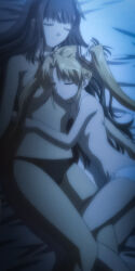Rule 34 | age difference, anime screenshot, bed, black hair, black panties, blonde hair, breast pillow, breasts, closed eyes, couple, cuddling, head on another&#039;s breasts, height difference, hug, kimi ga aruji de shitsuji ga ore de, kuonji miyu, kuonji shinra, leg between thighs, long hair, lying, medium breasts, non-web source, nude, onee-loli, panties, petite, sleeping, small breasts, stitched, third-party edit, twintails, underwear, underwear only, very long hair, white panties, yuri